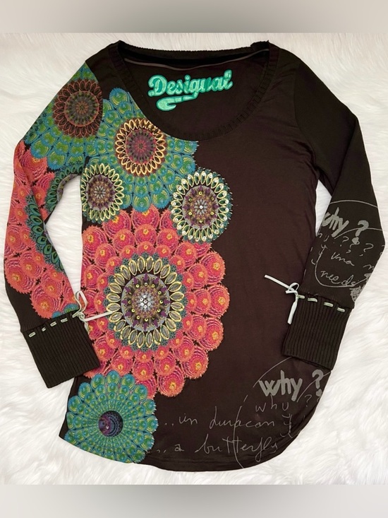 Desigual Tops - Desigual Brown Long Sleeve Tunic Top With Sequin Details & Sweater Sleeves